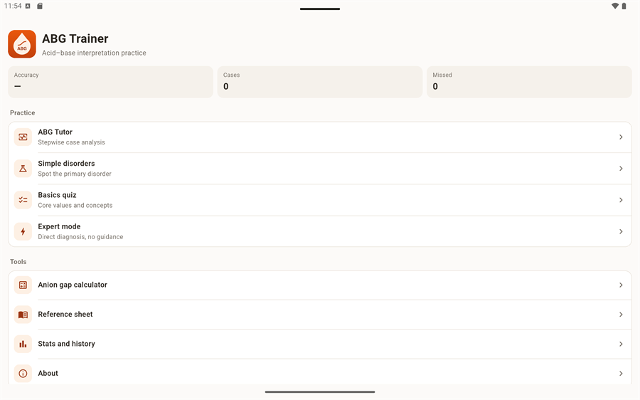 ABG app home screen with practice modes and tools listed