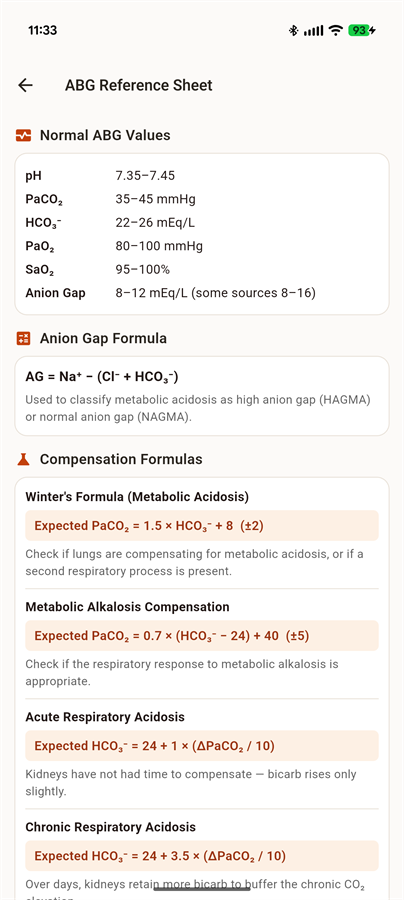Reference sheet listing normal ABG values, the anion gap formula and compensation formulas
