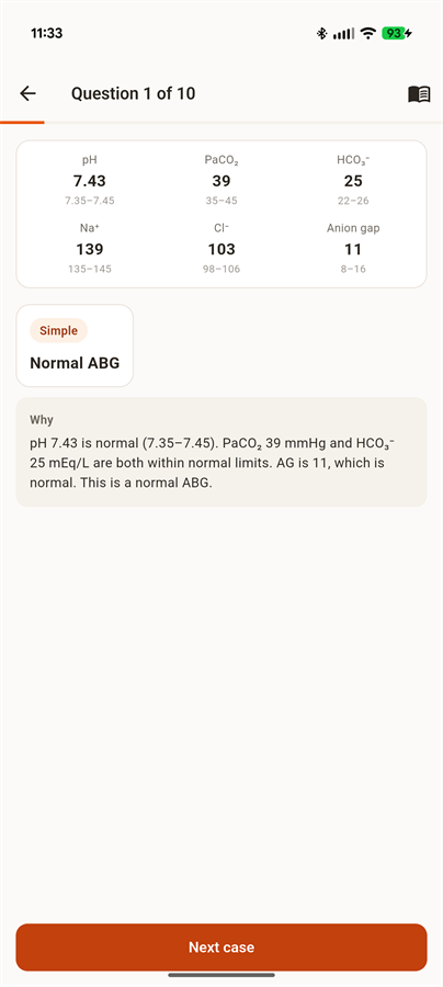 Case explanation showing a Normal ABG diagnosis with a written rationale