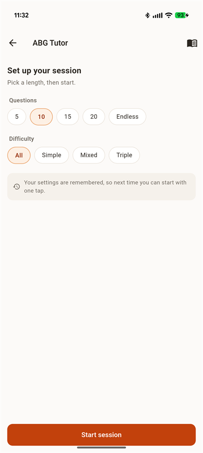 Session setup screen: choose number of questions and difficulty