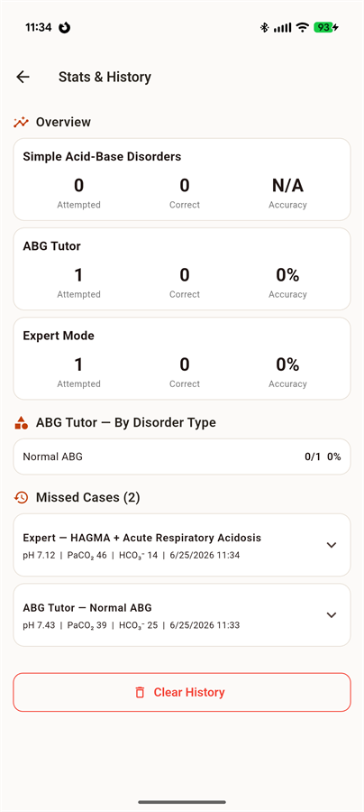 Stats and history screen with accuracy per mode and a list of missed cases