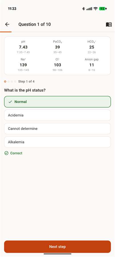 Stepwise tutoring: step 1 of 4 asking for the pH status, with the correct answer selected