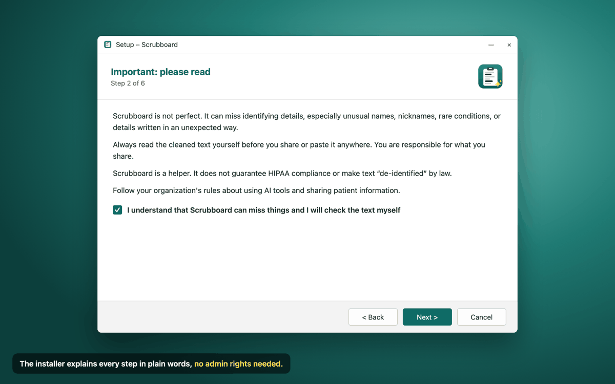 Preview: the installer's Important: please read page, with a checkbox saying I understand that Scrubboard can miss things and I will check the text myself