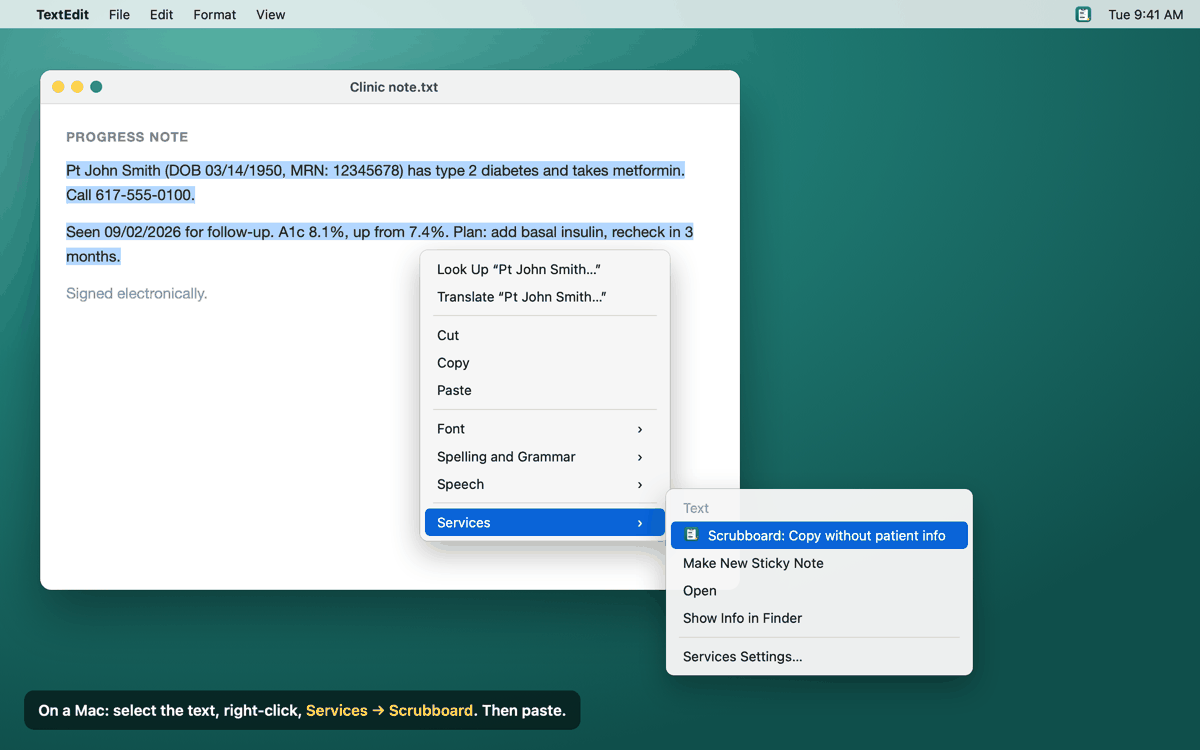 Preview: on a Mac, selected note text with the right-click menu open at Services, Scrubboard: Copy without patient info