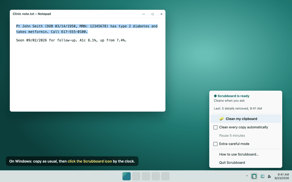 Preview: on Windows, the Scrubboard menu next to the clock with Clean my clipboard, Clean every copy automatically, Extra-careful mode and Quit