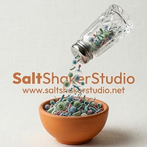 Salt Shaker Studio logo: a glass salt shaker pouring microbes into a clay bowl